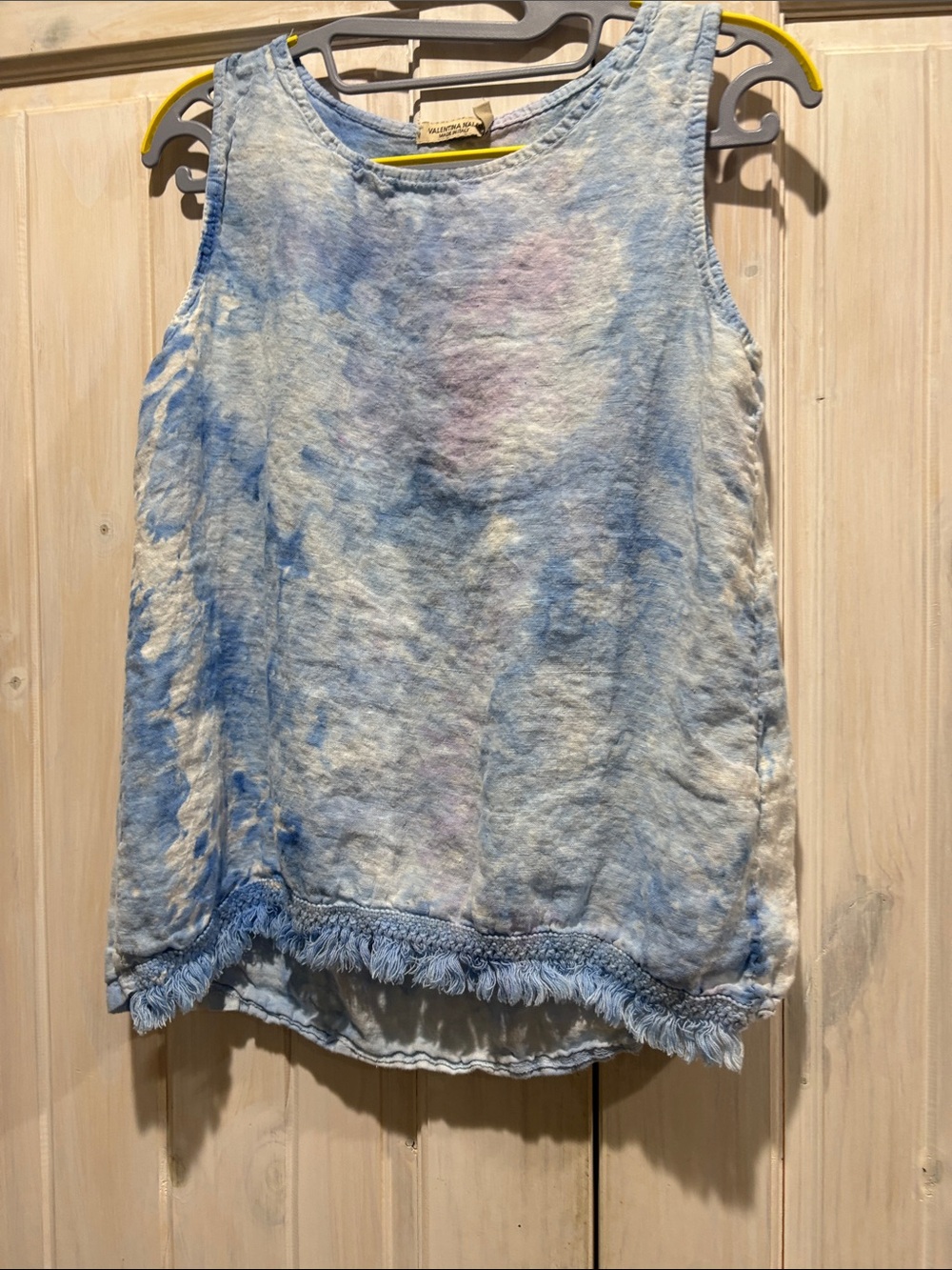 Valentina Naldi Linen Sleeveless Blue Tie-Dye Fringe Hem Women's Top